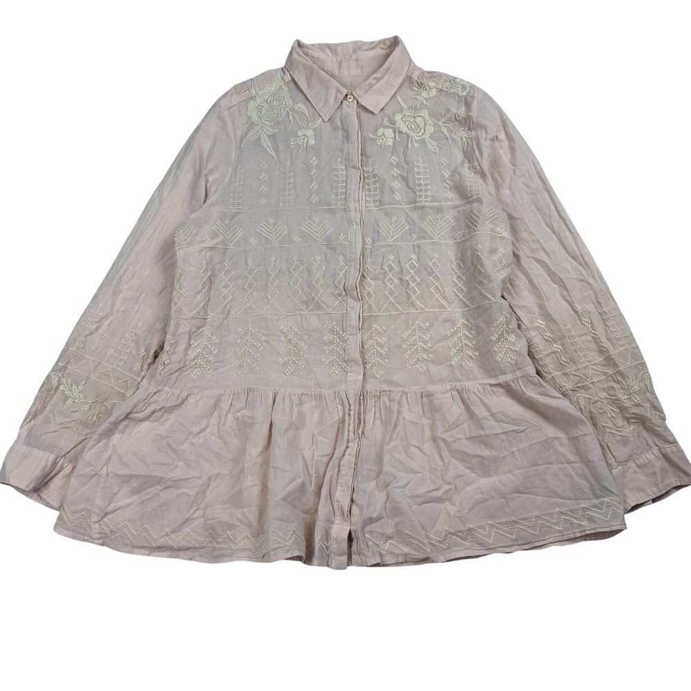 Johnny Was Pink Embroidered Cotton‎ Peplum Button Down Shirt Sz L Renaissance